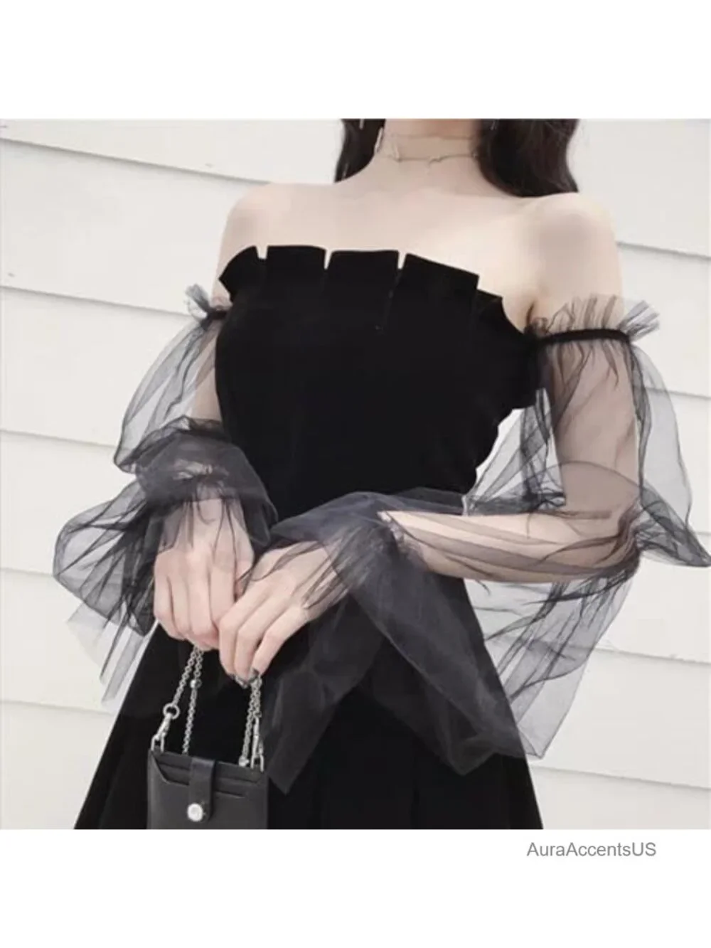Detachable Lace Sheer Fingerless Ruffled Tulle Gloves, Long Mesh Arm Sleeves
